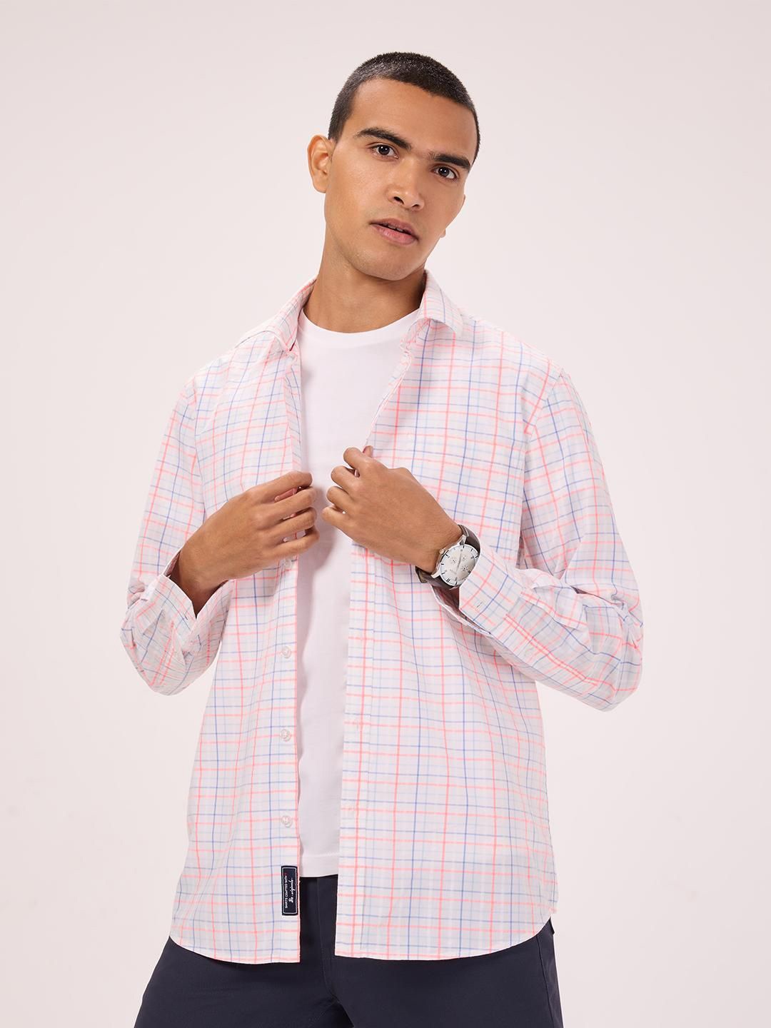 

Bombay High Men Comfort Spread Collar Tartan Checked Cotton Casual Shirt, Pink