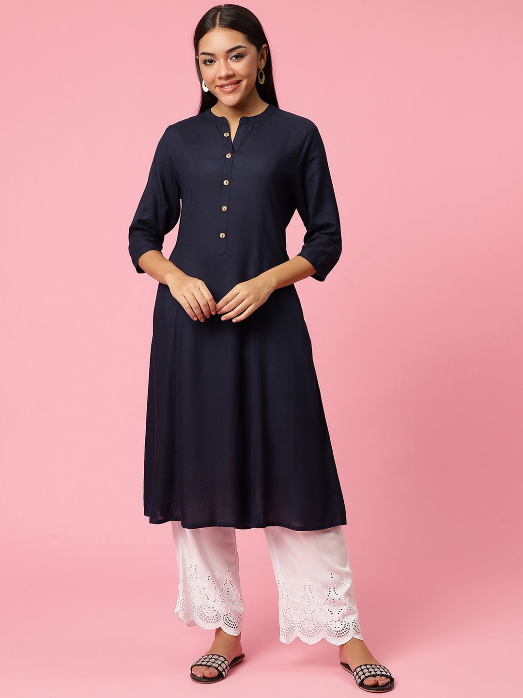 

Shree Mandarin Collar A Line Kurta, Navy blue