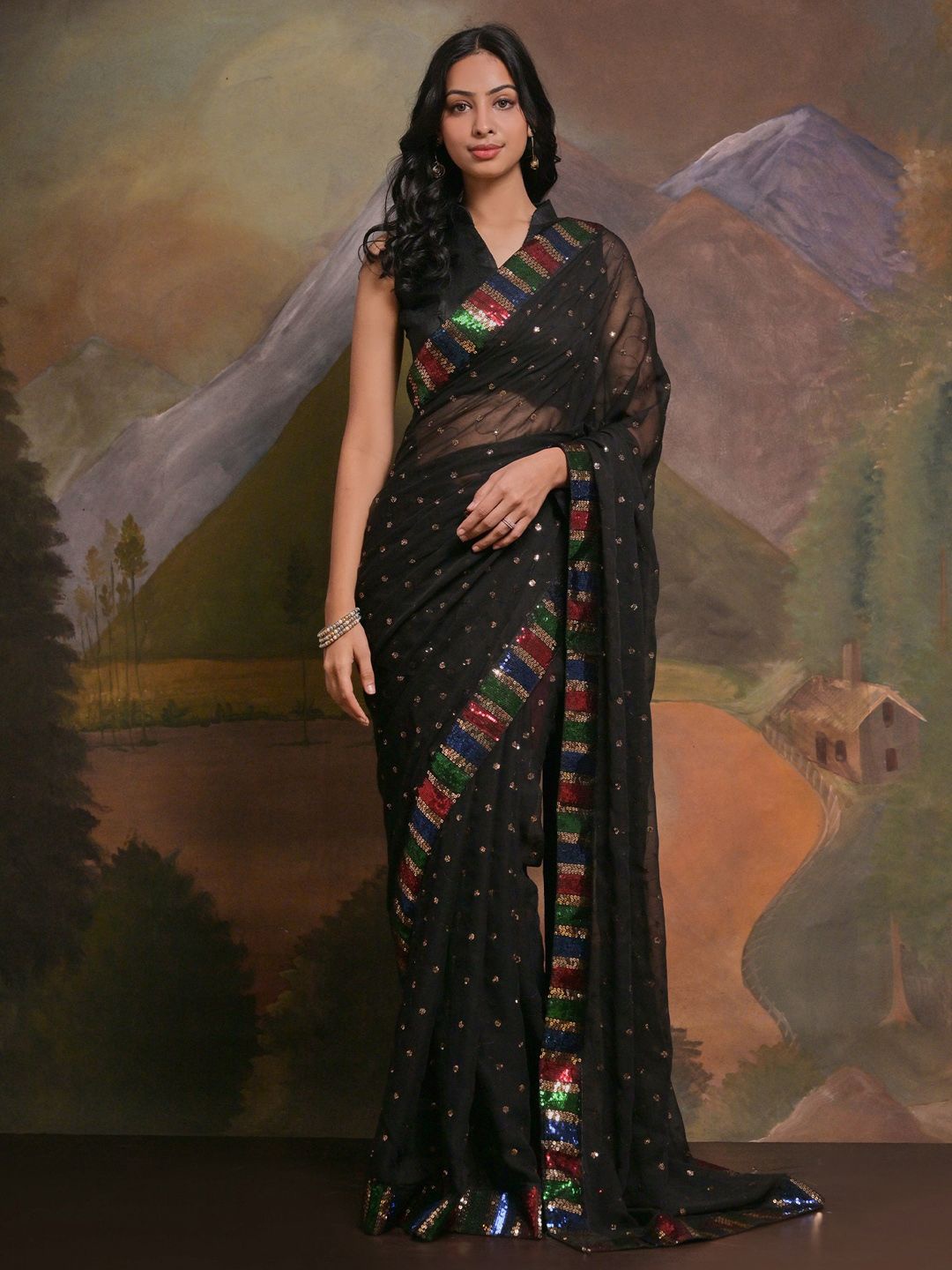 

Sangria Embellished Saree With Matching Blouse, Black