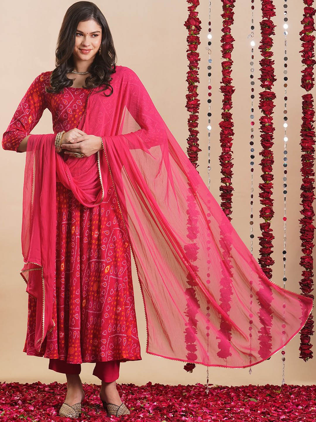 

GoSriKi Bandhani Printed Anarkali Kurta & Trousers With Dupatta, Pink