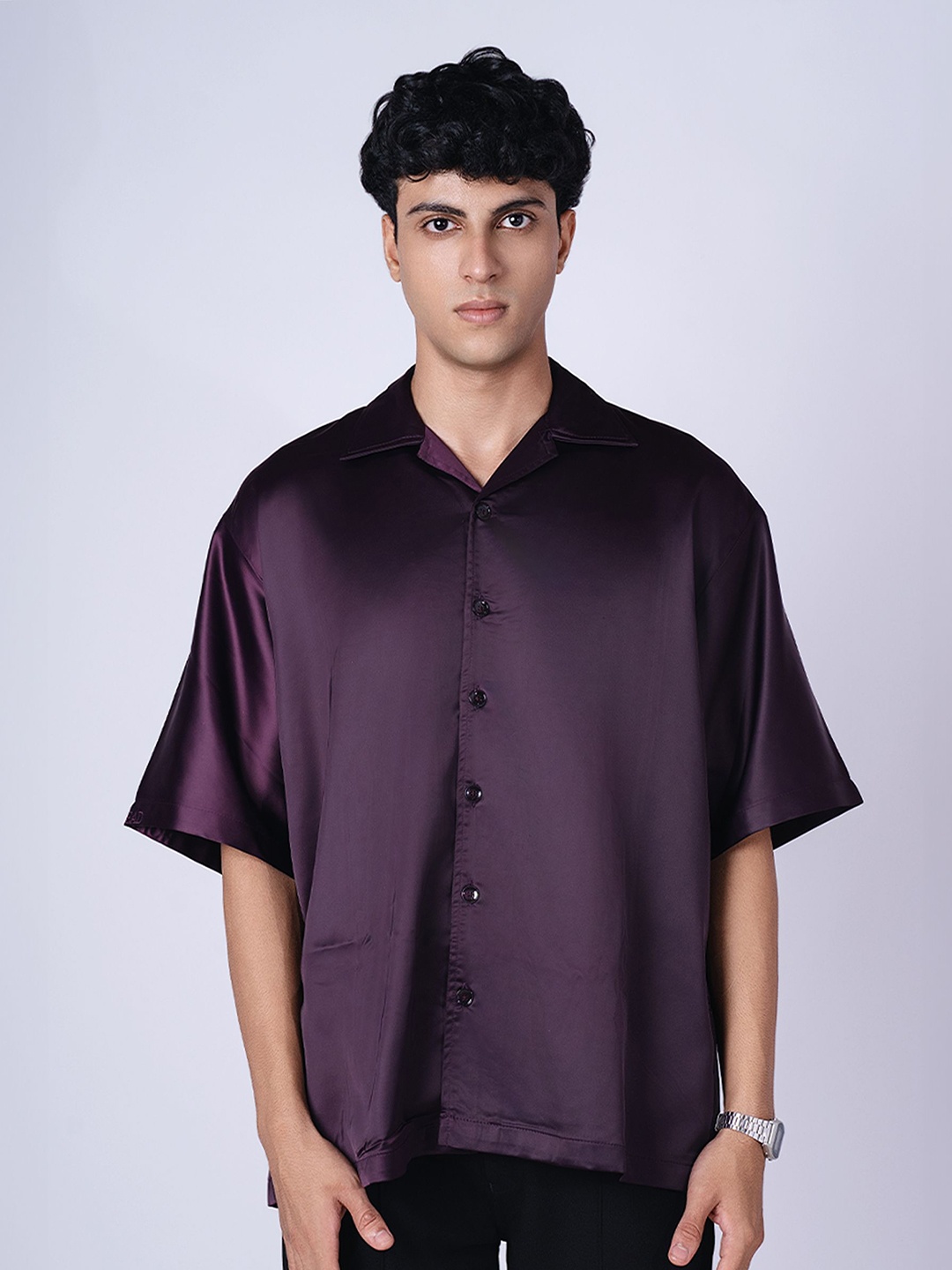 

HOP HEAD Unisex Relaxed Cuban Collar Solid Relaxed Fit Party Shirt, Purple