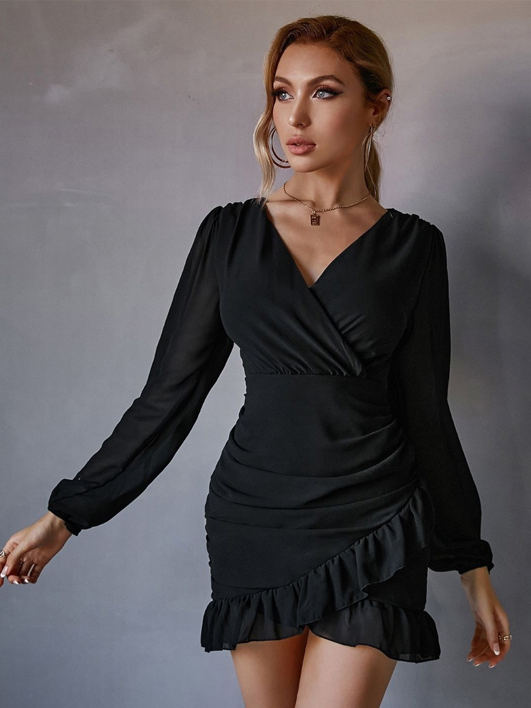 

KPOP Women Puff Sleeve V-Neck Solid Wrap Dress, Black