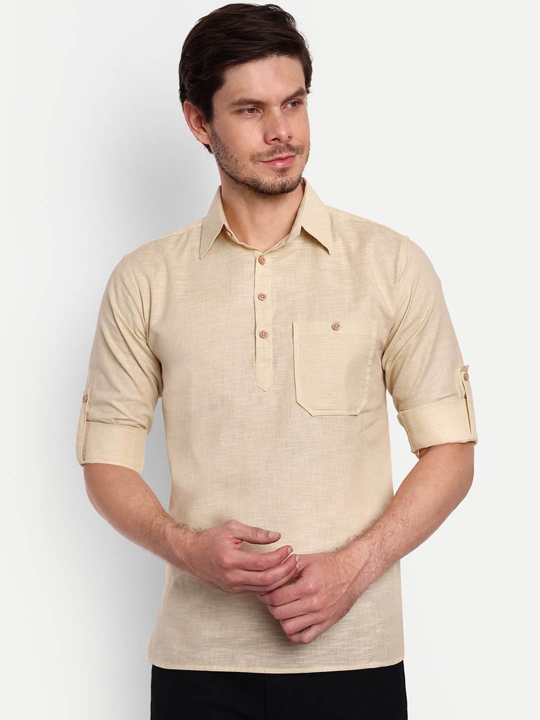 

univibe Roll-Up Sleeves Pure Cotton Short Kurta, Beige