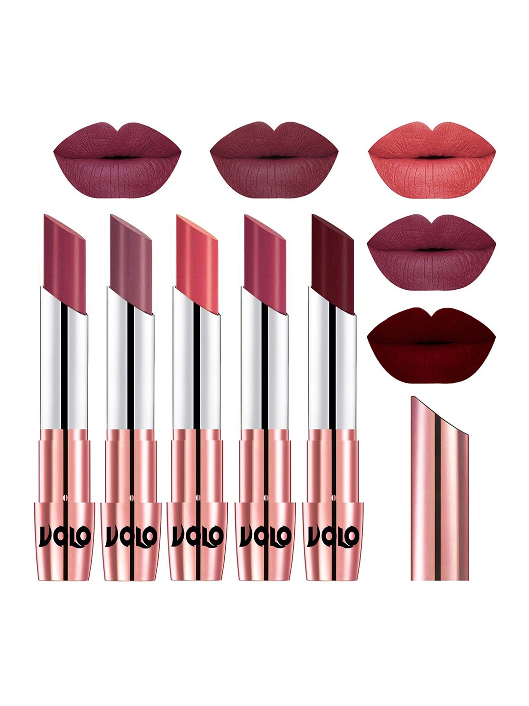 

VOLO Set Of 5 Creme Matte Lipstick-Cherry 31-Plum 36-Dark Peach 37-Rose Pink 38-Maroon 42, Red