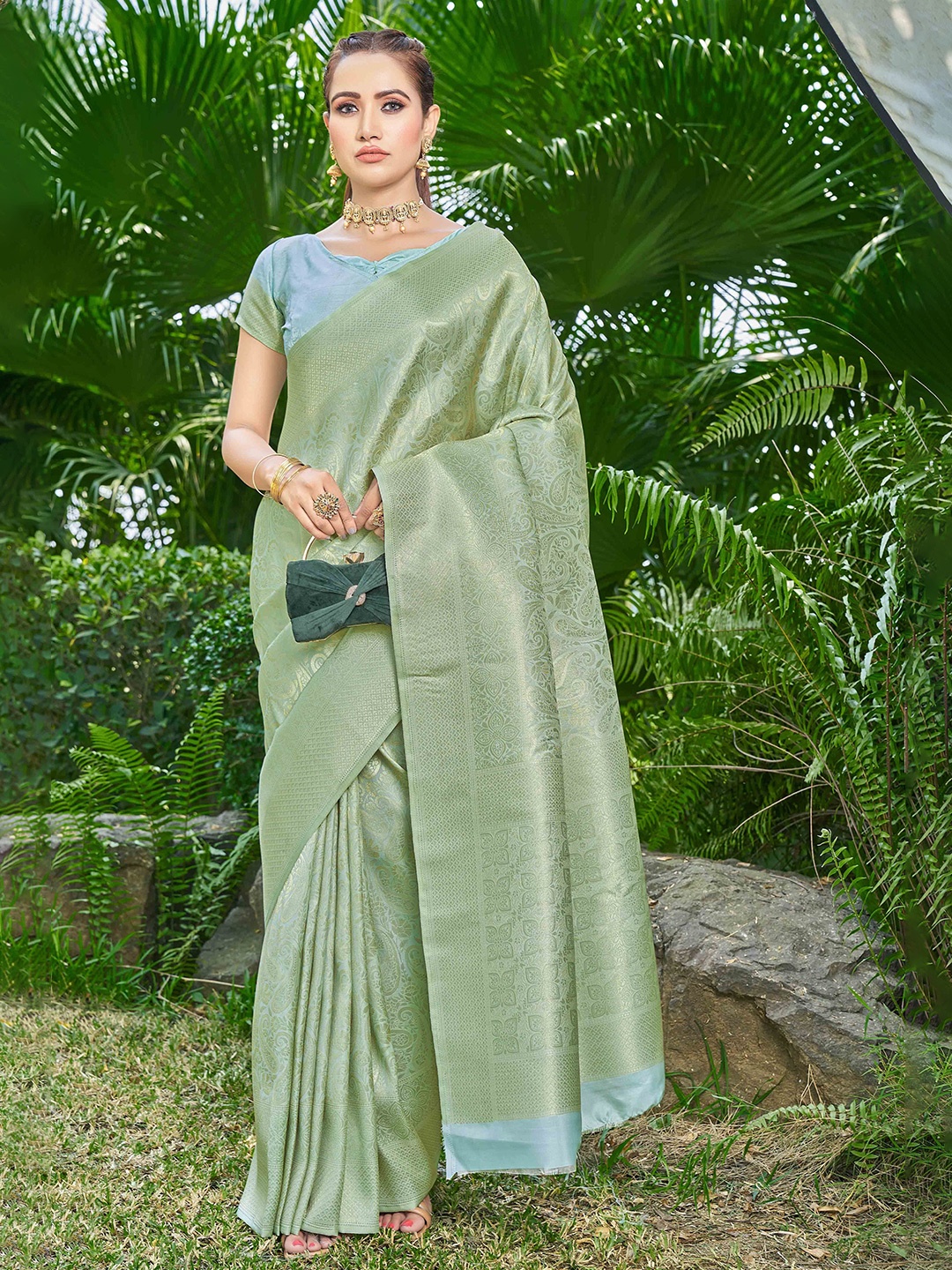 

Krimmple Woven Design Zari Banarasi Saree, Olive