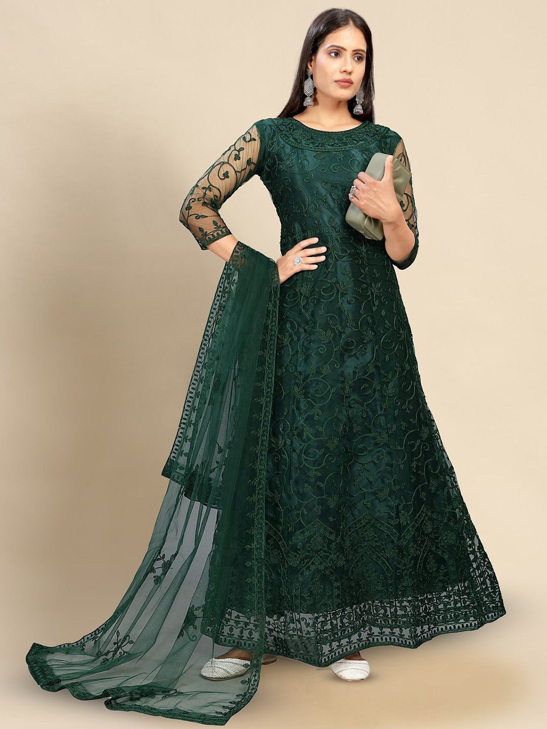 

LADY SHOPI Embroidered Net Ethnic Maxi Dress with Dupatta, Green