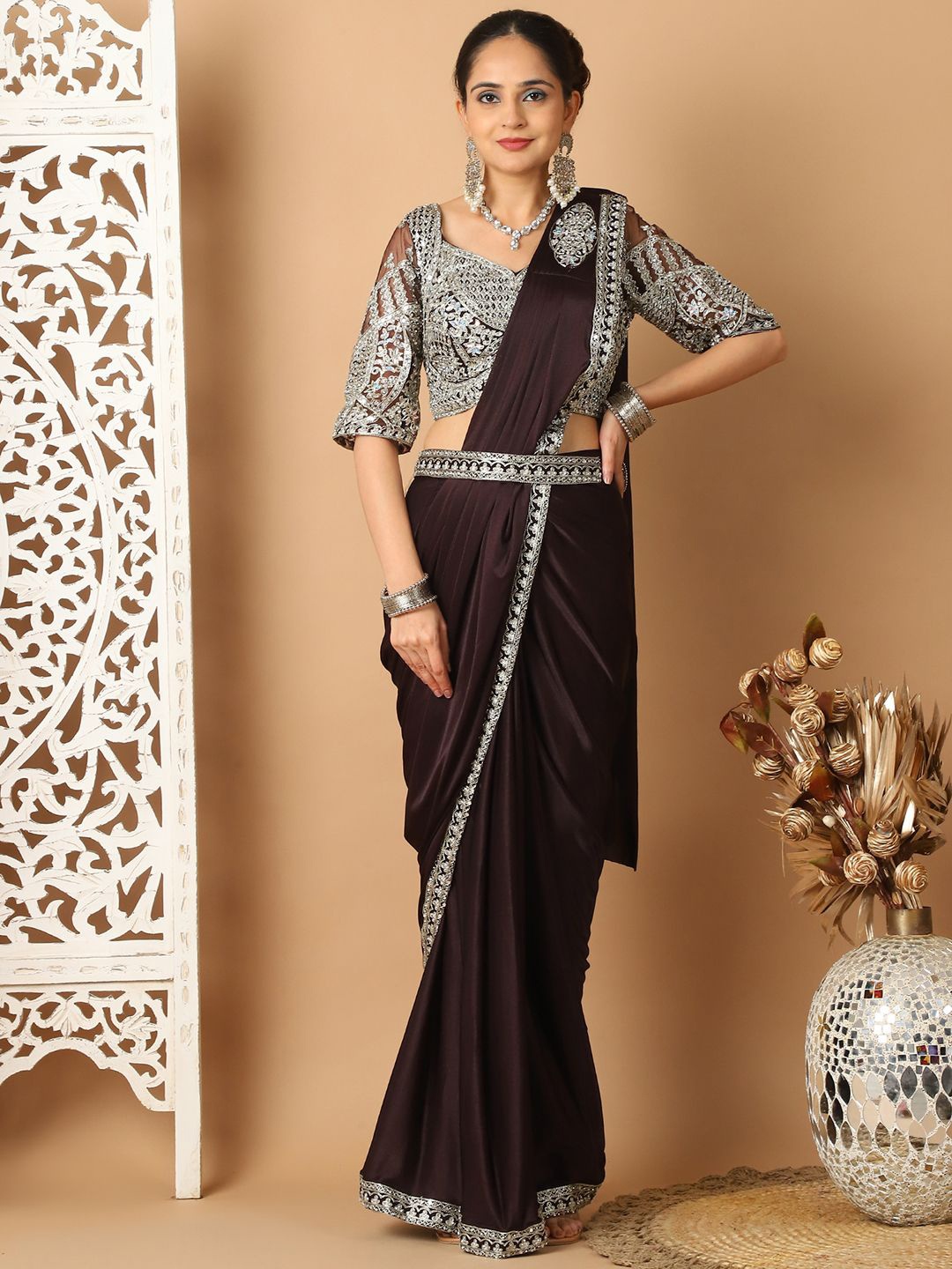 

Mitera Embroidered Ready to Wear Saree With Stitched Blouse, Burgundy