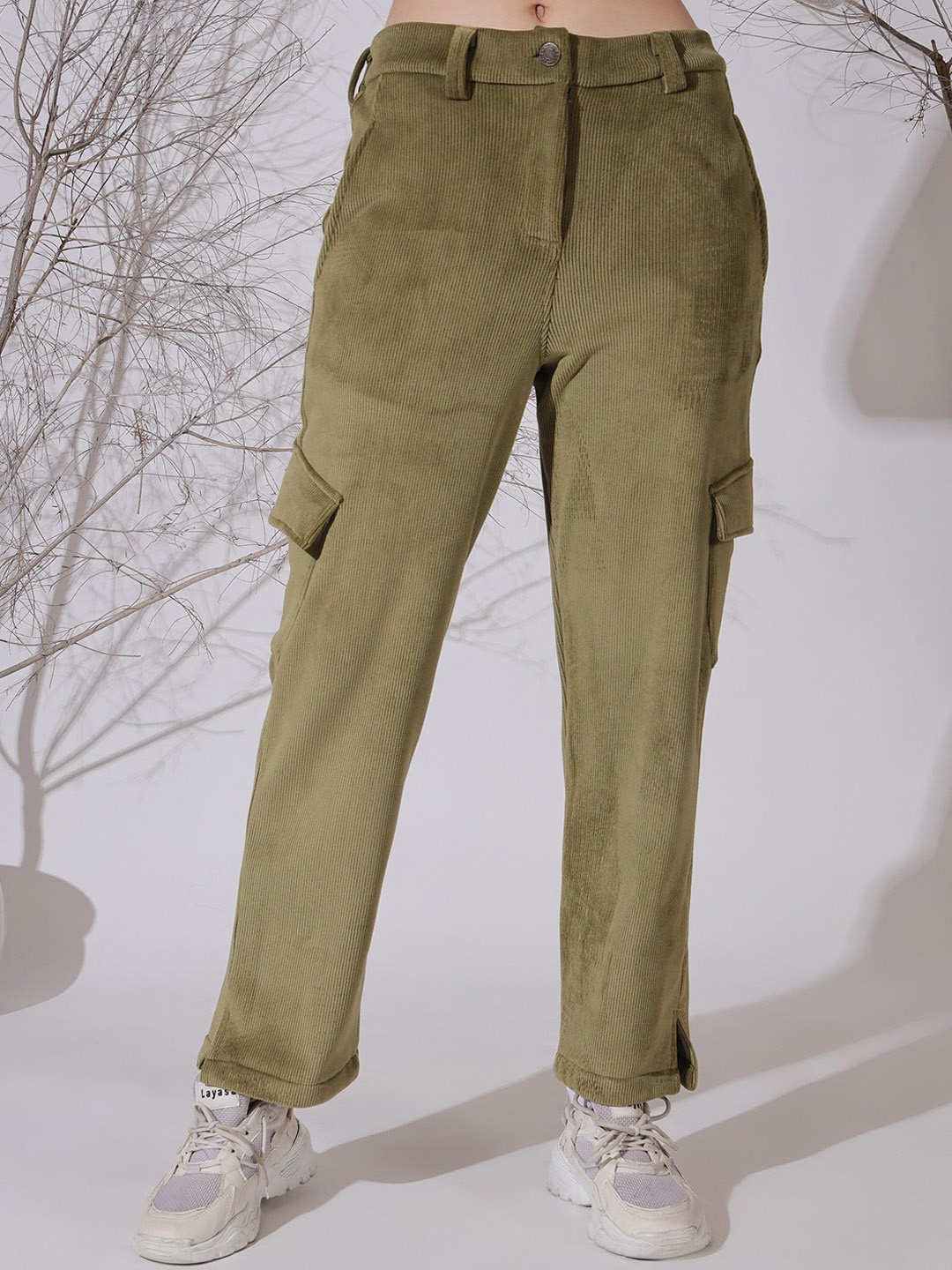 

NEUDIS Women Striped Corduroy Trouser, Olive