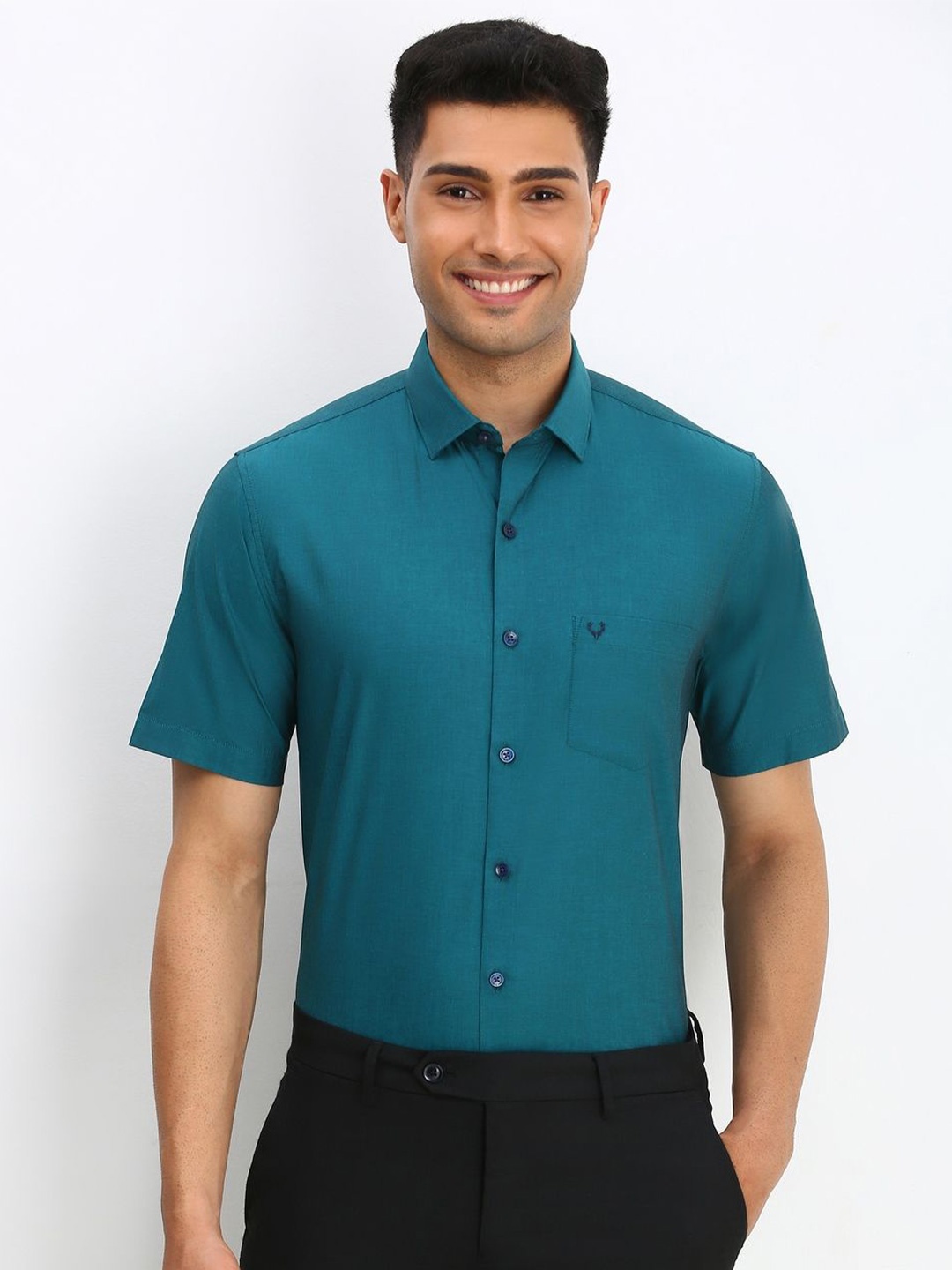 

Allen Solly Men Spread Collar Solid Cotton Slim Fit Formal Shirt, Blue