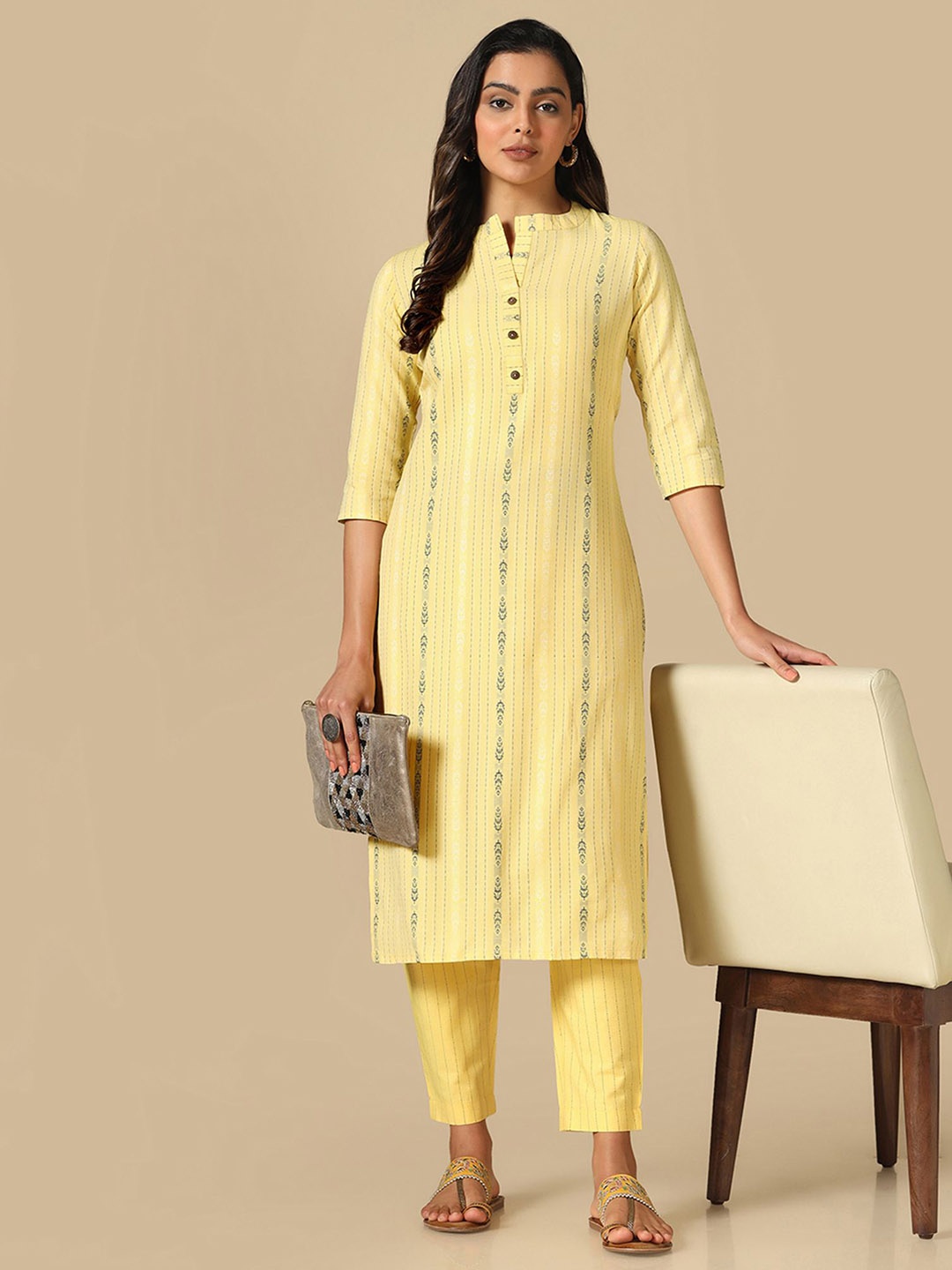 

KALINI Striped Mandarin Collar Thread Work Straight Kurta With Trousers, Yellow