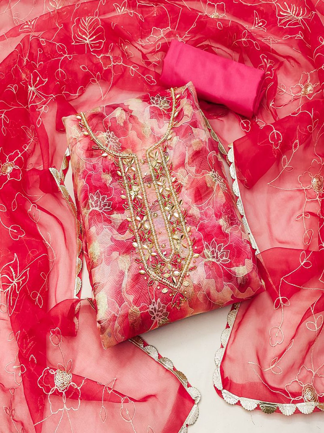 

ASISA Floral Embroidered Beads and Stones Organza Unstitched Dress Material, Pink
