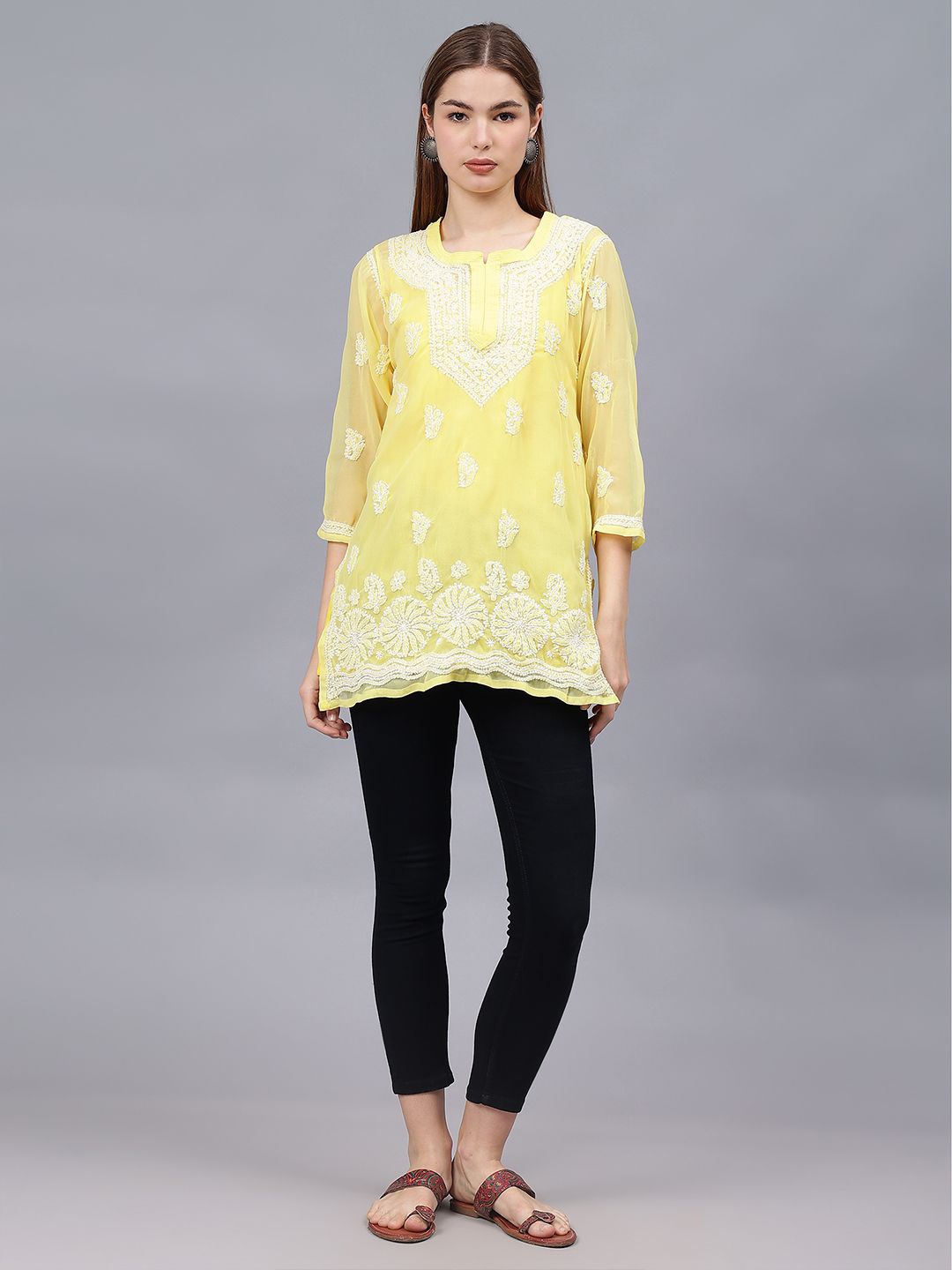 

Seva Chikan Ethnic Motifs Embroidered Chikankari Handloom Chikankari Kurti, Yellow