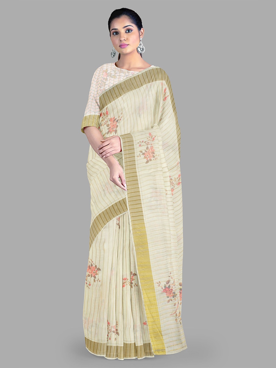 

The Chennai Silks Floral Pure Cotton Kasavu Saree, Off white