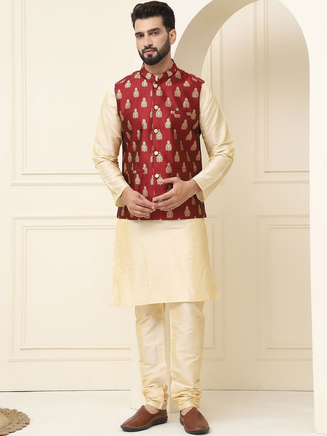 

SOJANYA Mandarin Collar Silk Cotton Kurta With Churidar & Woven Design Nehru Jacket, Cream