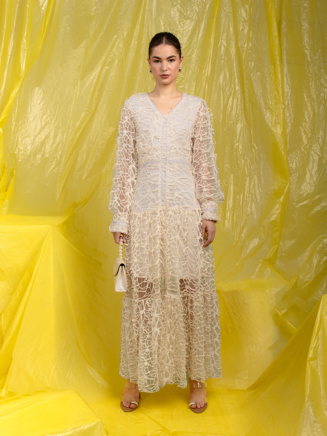 

Stylecast X Hersheinbox Puff Sleeve Net Maxi Dress, Beige