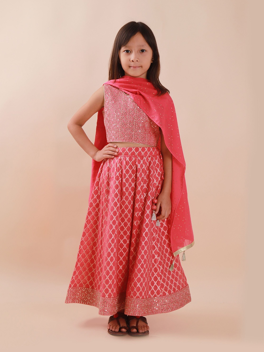 

Sangria Girls Embroidered Sequinned Lehenga Choli With & Dupatta, Pink