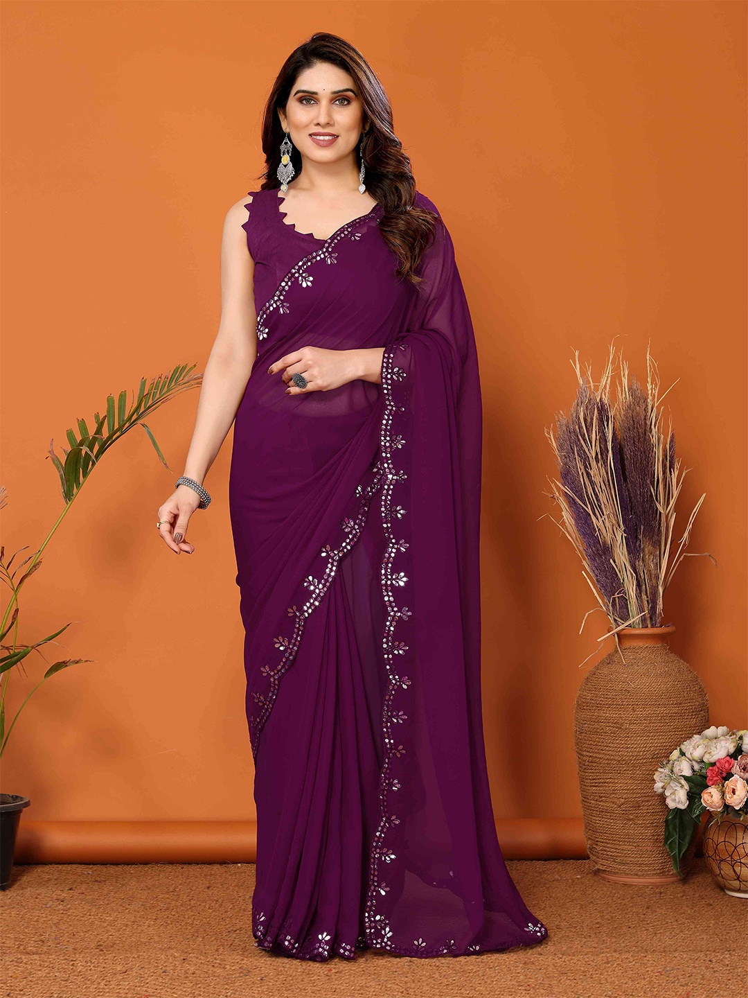 

VISHNU CREATIONS Mirror Work Saree, Purple