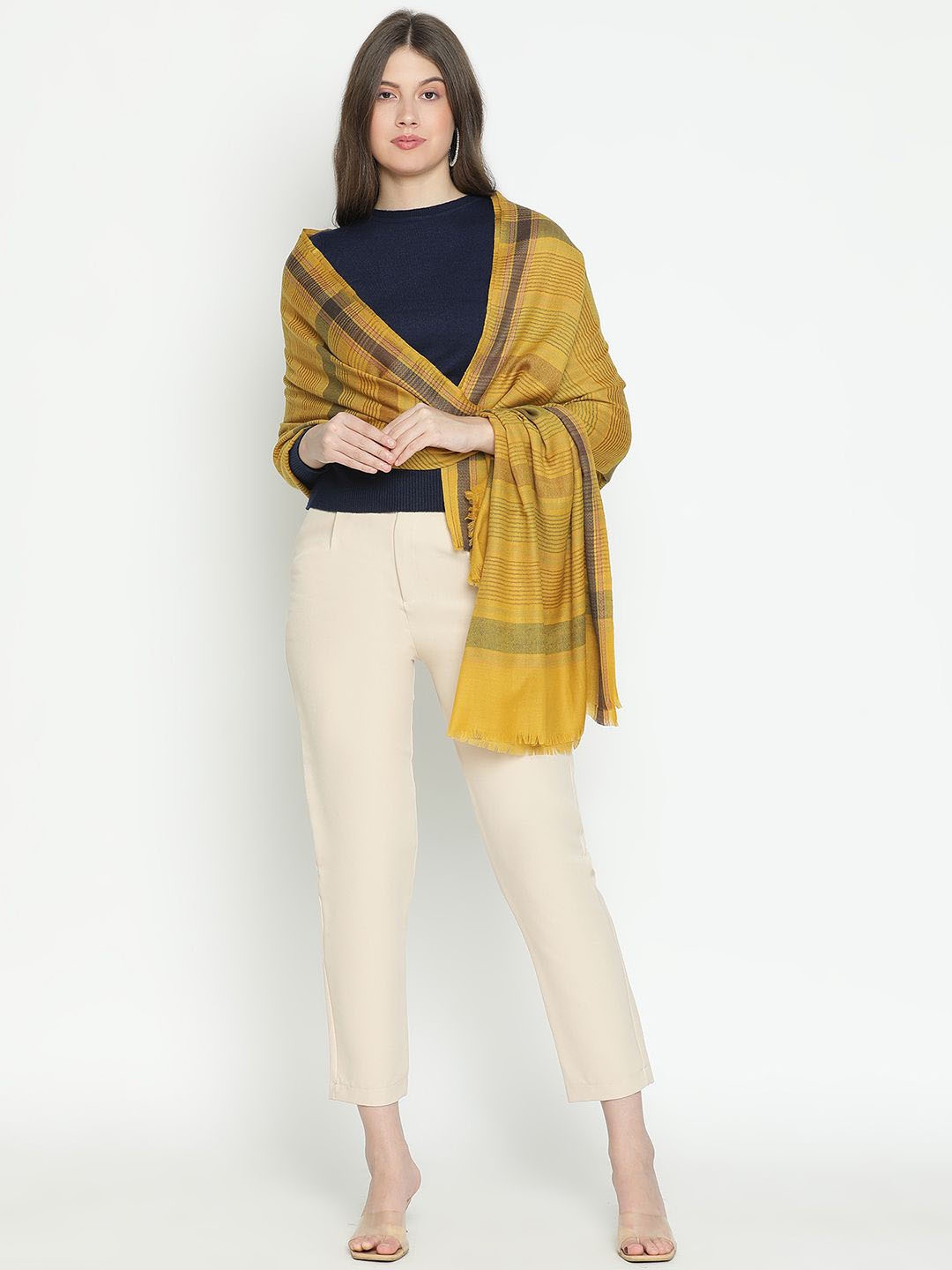 

SHINGORA Striped Woven Design Fringed Shawl, Mustard