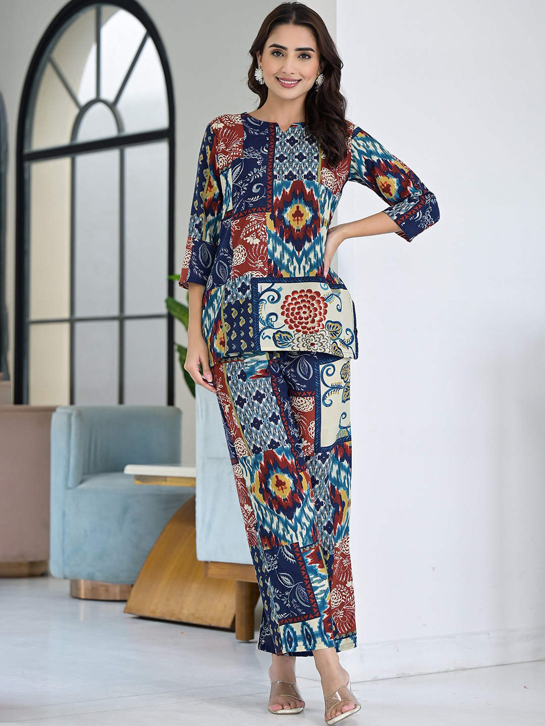 

KALINI Printed Notch Neck Tunic & Trousers, Blue