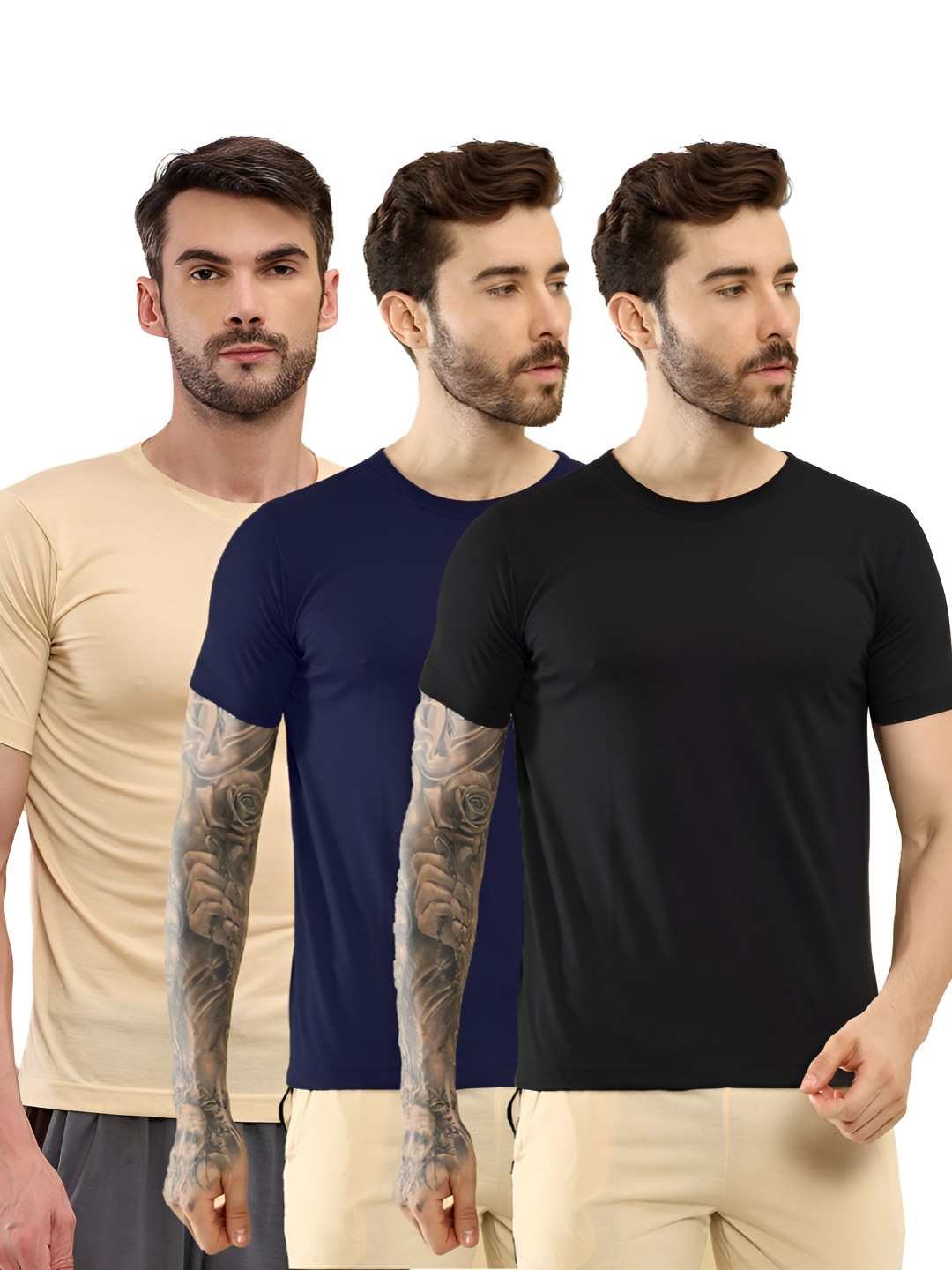 

T.T. Men Pack Of 3 Solid Round Neck Slim Fit T-shirts, Beige