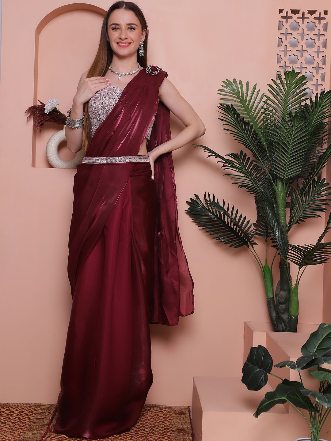 

Mitera Solid Beads and Stones Ready to Wear Saree, Maroon