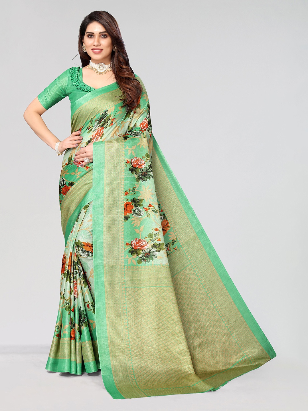

VIRICA Woven Design Floral Printed Zari Saree, Green