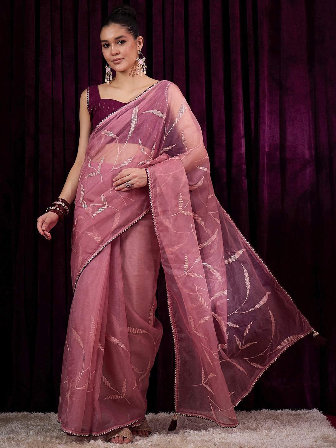 

Saree mall Embellished Sequinned Organza Party Wear Sarees, Pink