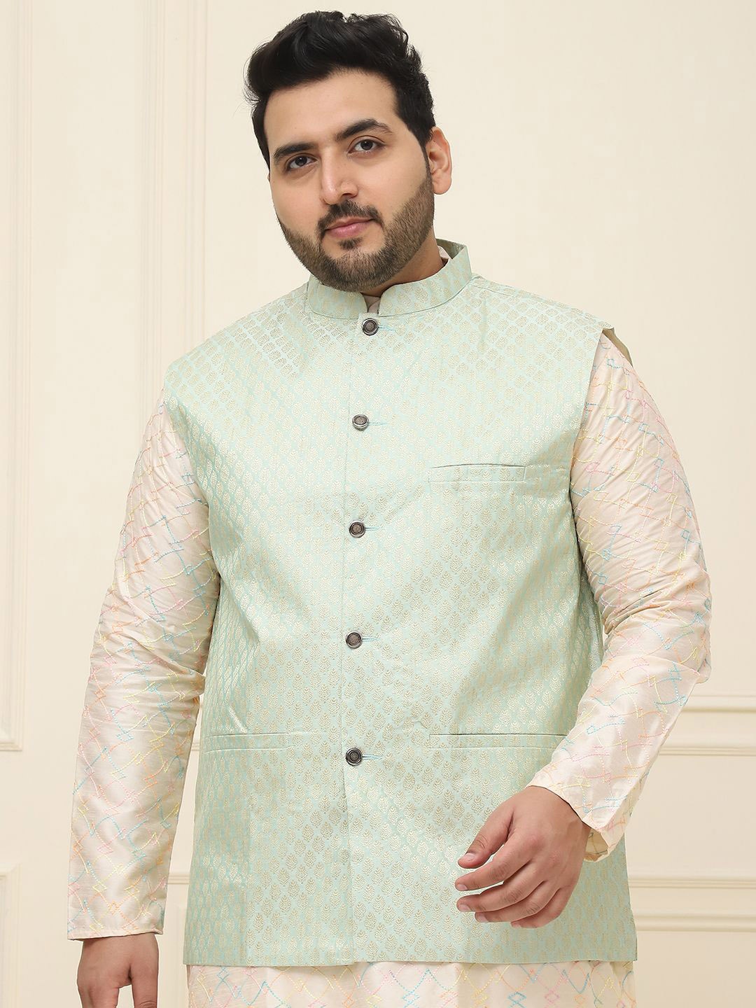 

SOJANYA PLUS Men Plus Size Printed Mandarin Collar Nehru Jacket, Green