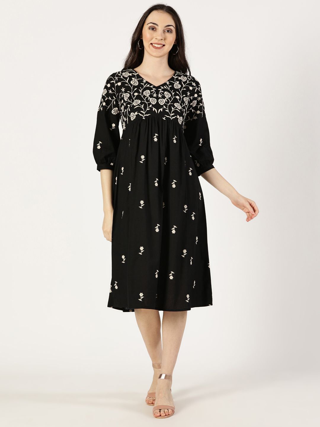 

Saffron Threads Embroidered Bishop Sleeve A-Line Midi Dress, Black