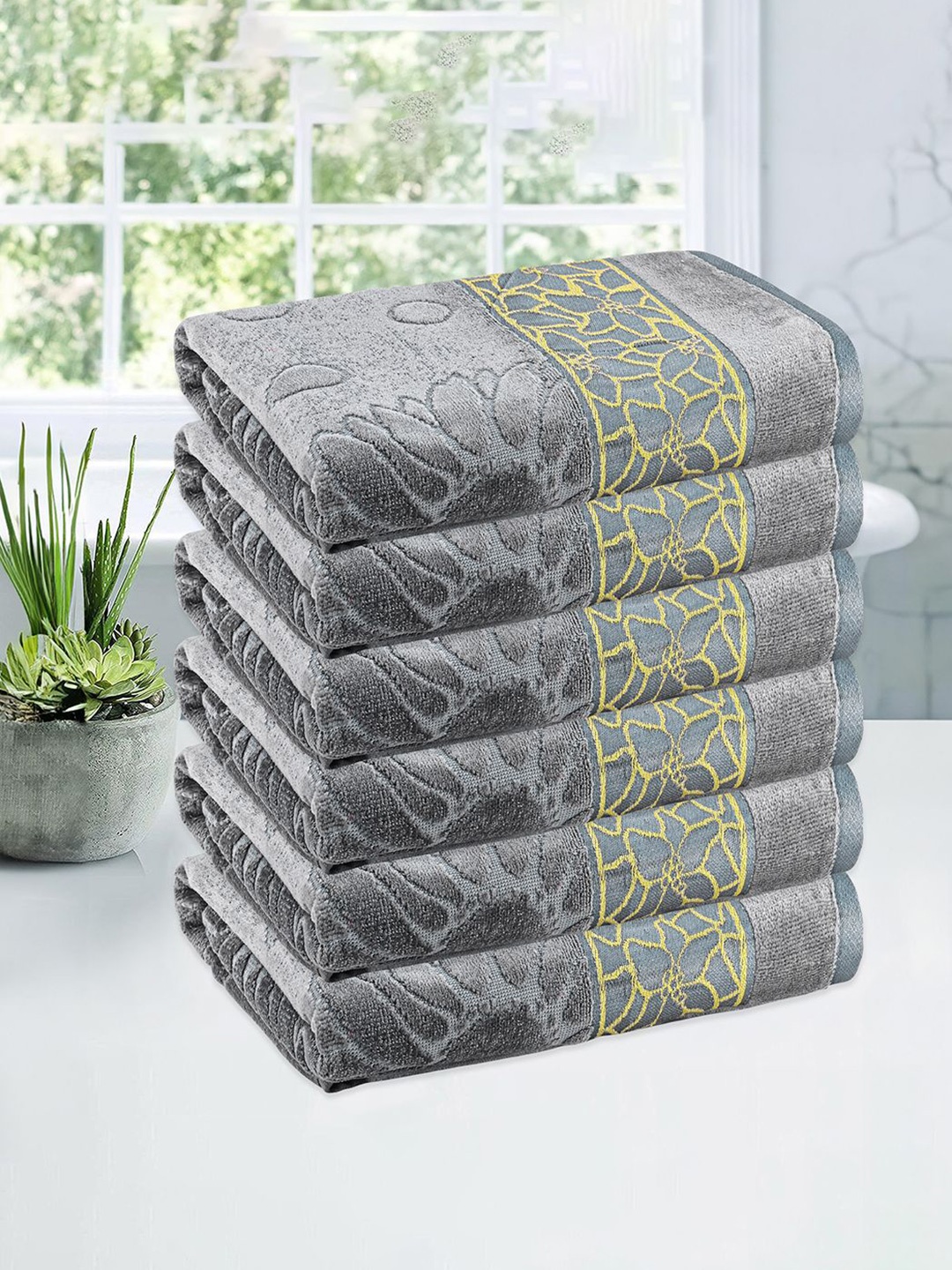 

Kuber Industries Grey & Yellow 6 Pcs Printed Cotton 450 GSM Bath Towel