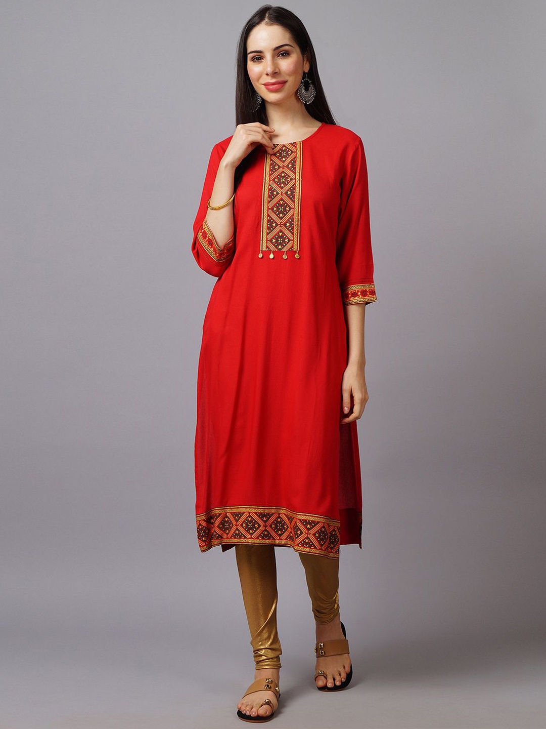 

Shree Geometric Yoke Design Thread Work Liva Straight Kurta, Red