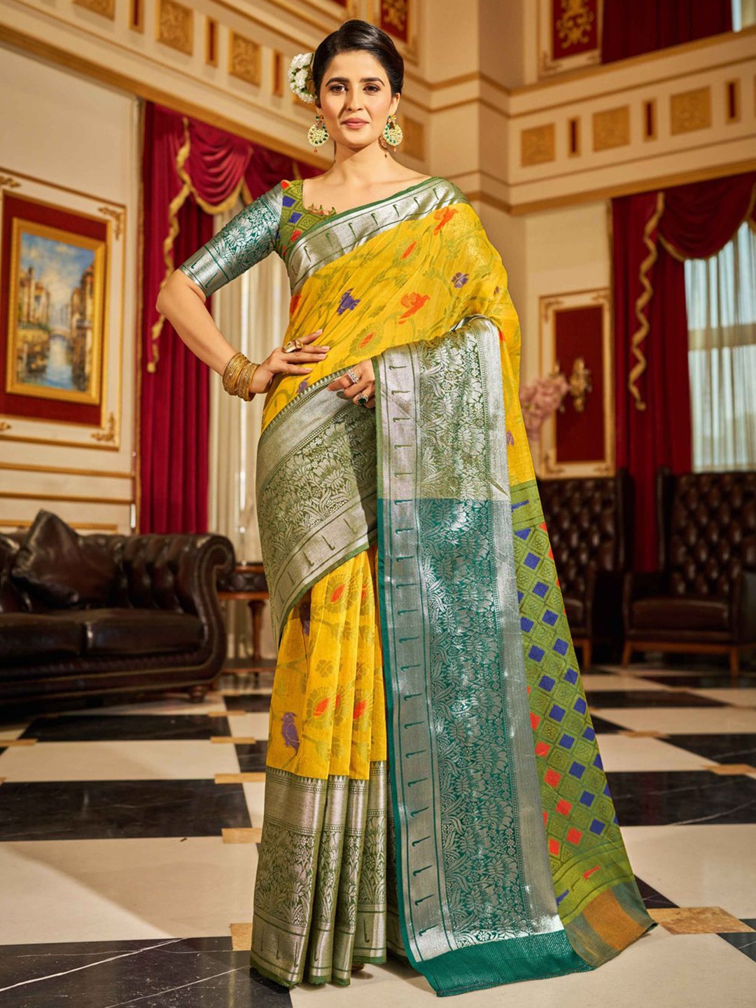 

Krimmple Ethnic Motifs Woven Design Zari Saree, Yellow