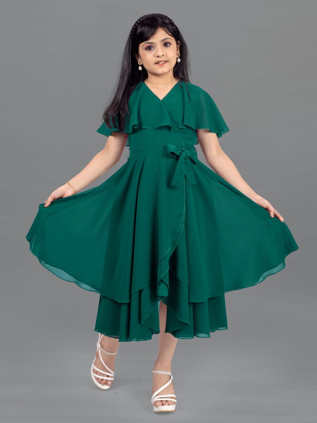 

BAESD Girls Flared Sleeve Georgette Fit & Flare Layered Midi Dress, Green