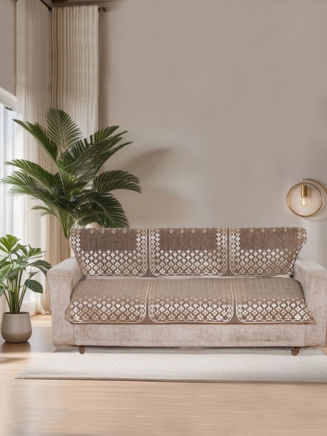 

MORADO Brown & Gold-Toned 6 Pieces Embroidered Velvet Sofa Cover With Arms