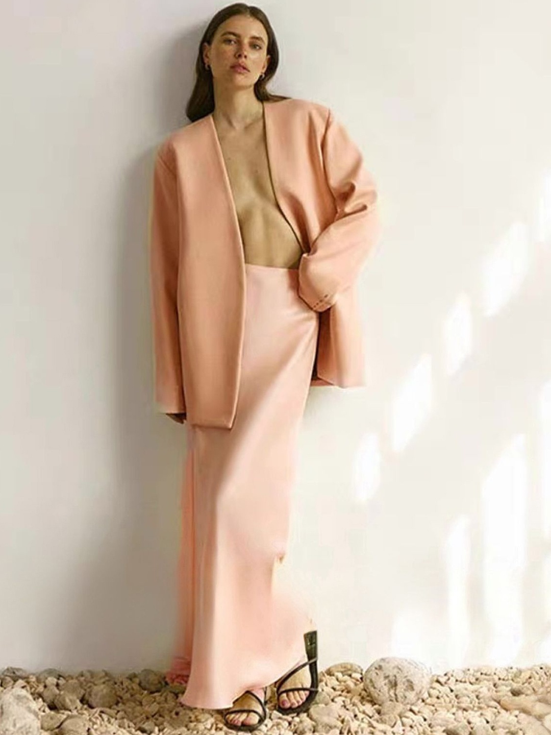 

KPOP Straight Maxi Slip-On Skirt, Beige