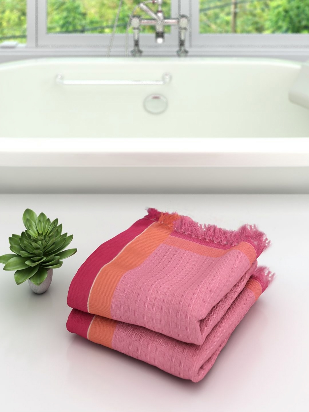 

Aura Pink & Orange 2 Pieces Textured High Absorbent Cotton 210 GSM Bath Towels