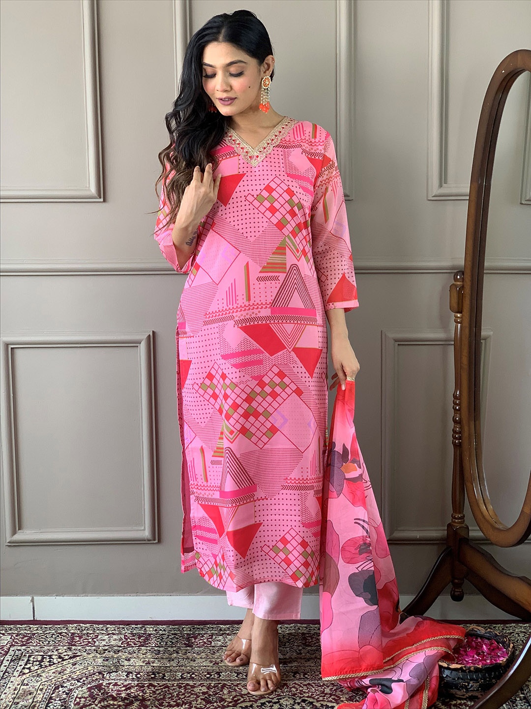 

KALINI Geometric Printed Thread Work Chanderi Silk Straight Kurta With Trousers & Dupatta, Pink