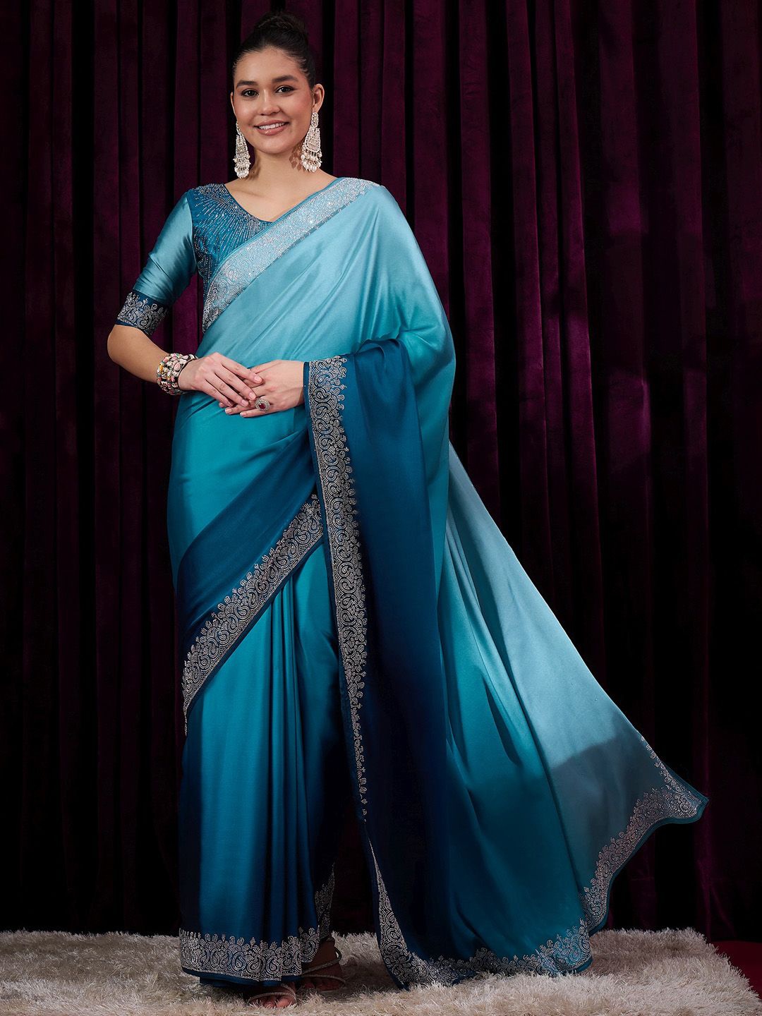 

Saree mall Embellished Beads and Stones Border Ombre Solid Sarees, Blue