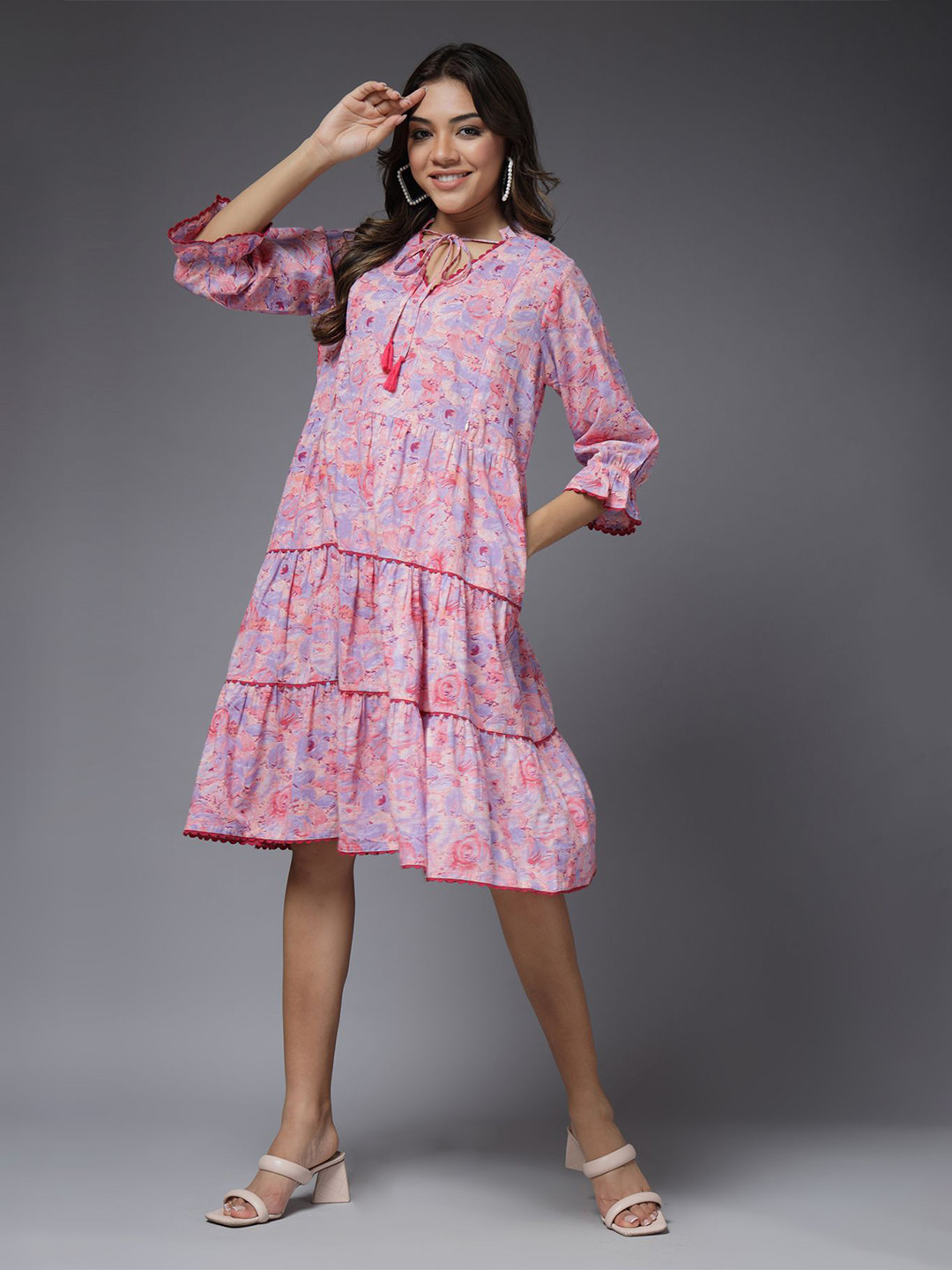 

House Of Zelena Women Floraed Print Bell Sleeve Maternity A-Line Dress, Pink