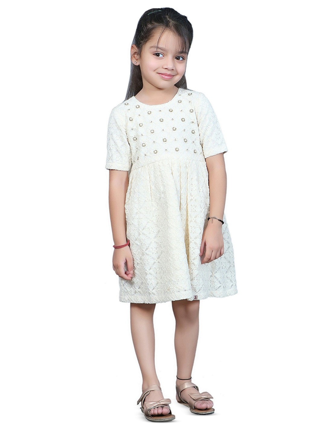 

EthIndia Girls Embellished Net A-Line Dress, Beige