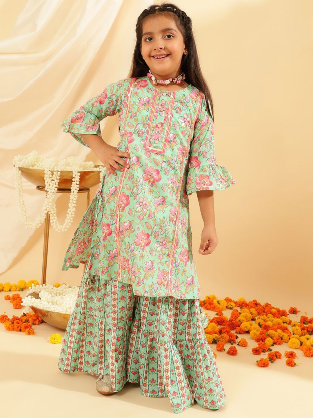 

BANDIA Girls Floral Printed Gotta Patti Regular Pure Cotton Straight Kurta with Sharara, Turquoise blue