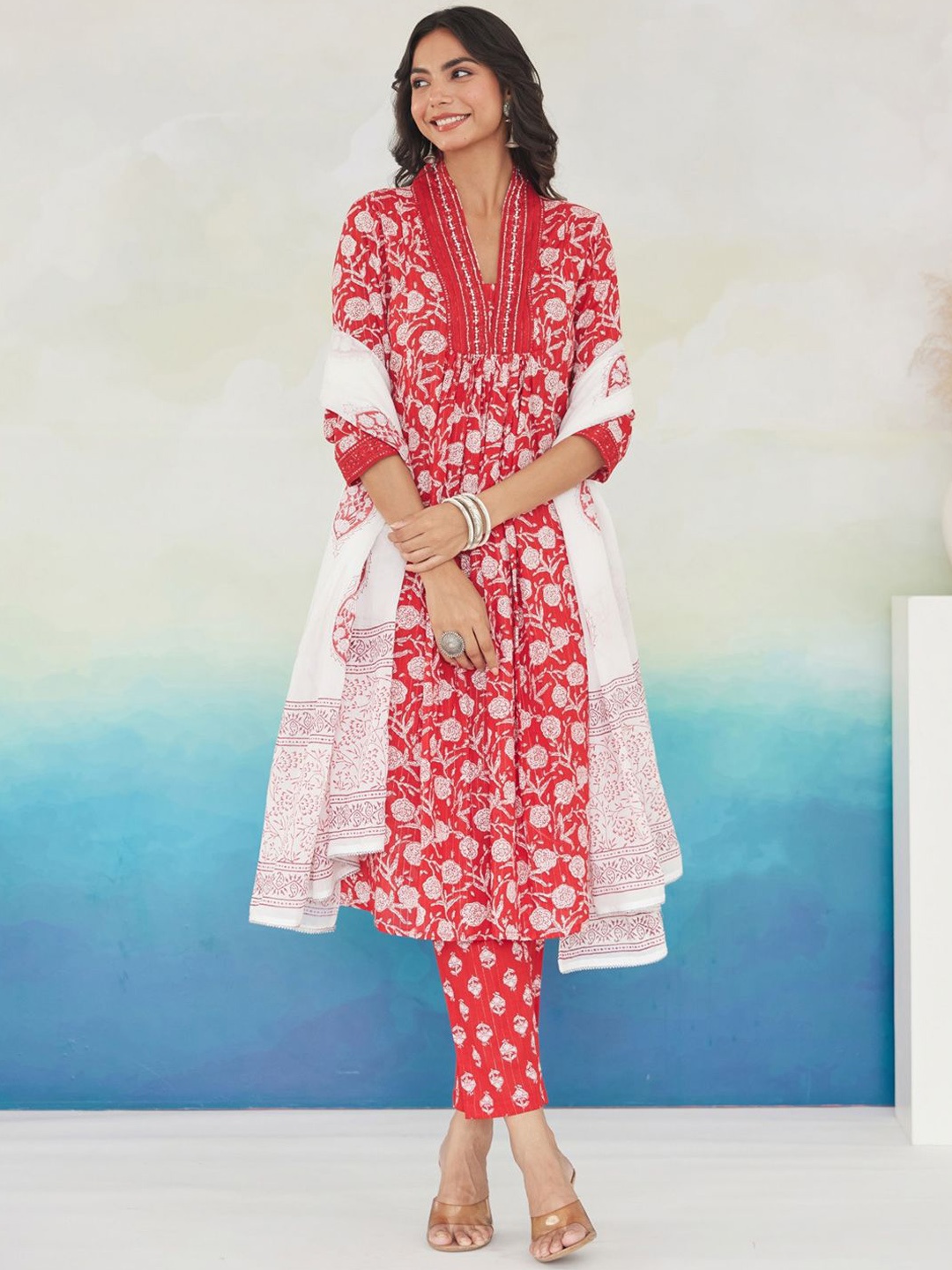 

Indo Era Floral Printed Pleated Beads and Stones Pure Cotton Kurta With Trousers & Dupatta, Red