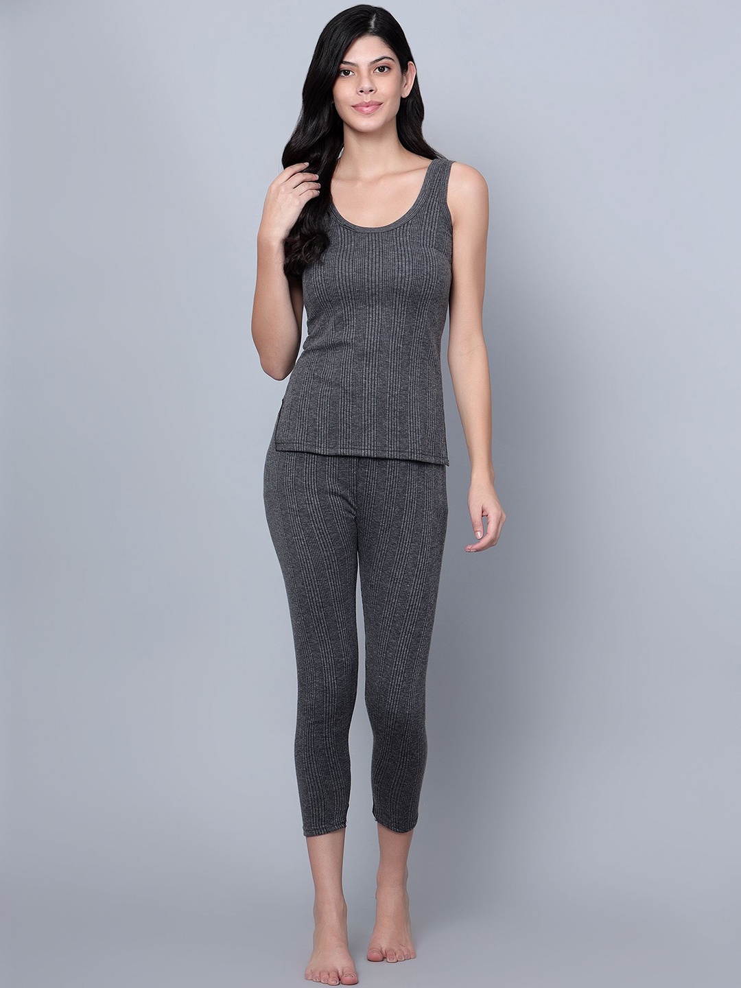 

BAESD Women Ribbed Thermal Top & Bottom Set, Grey