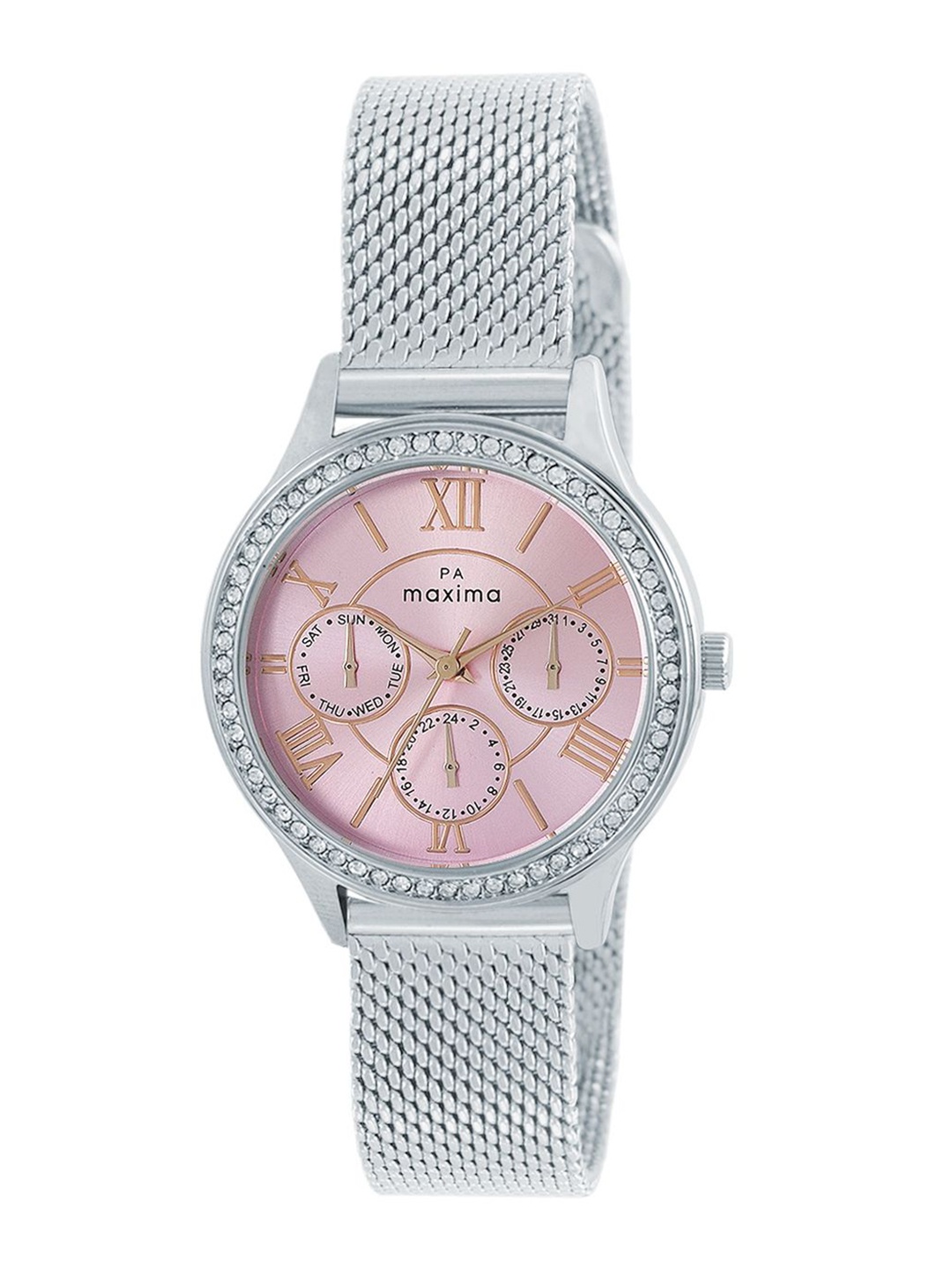 

maxima Women Embellished Dial & Stainless Steel Straps Analogue Watch 60351CMLI, Pink