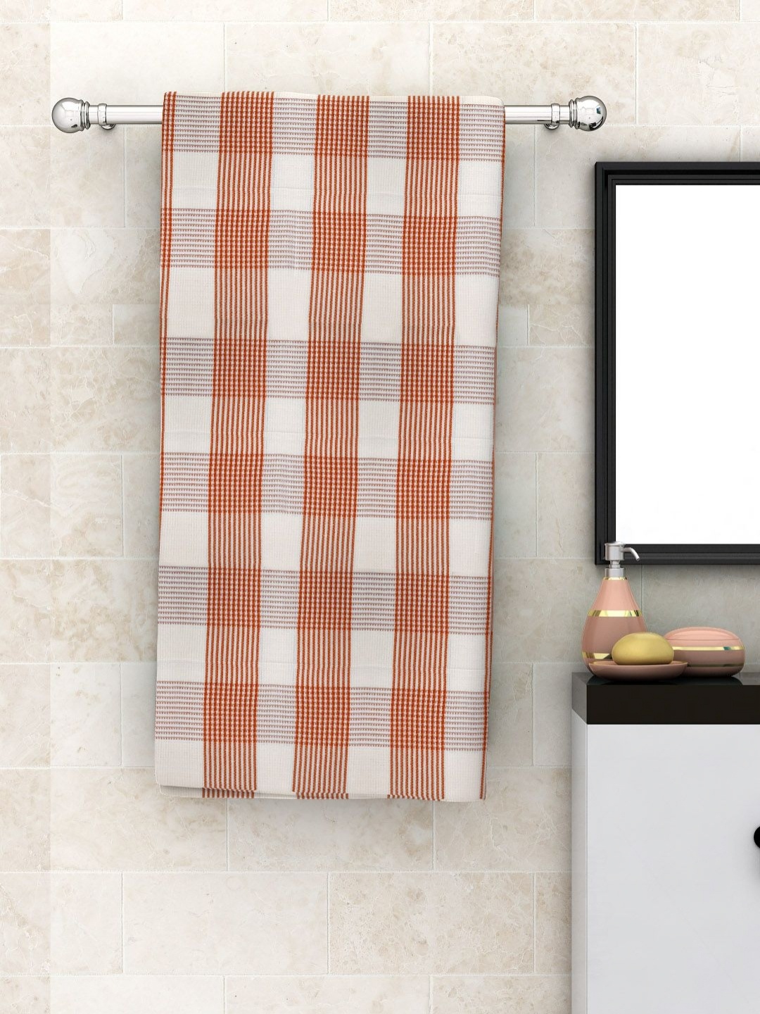 

Aura White & Orange Striped Cotton 210 GSM Bath Towel