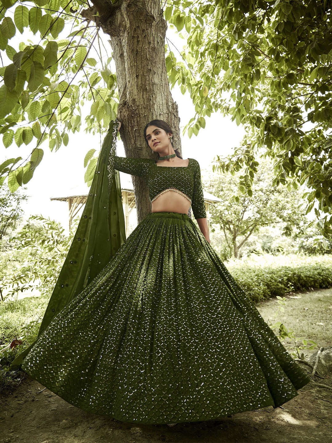 

KALINI Embroidered Square Neck Semi Stitched Lehenga & Unstitched Blouse With Dupatta, Green