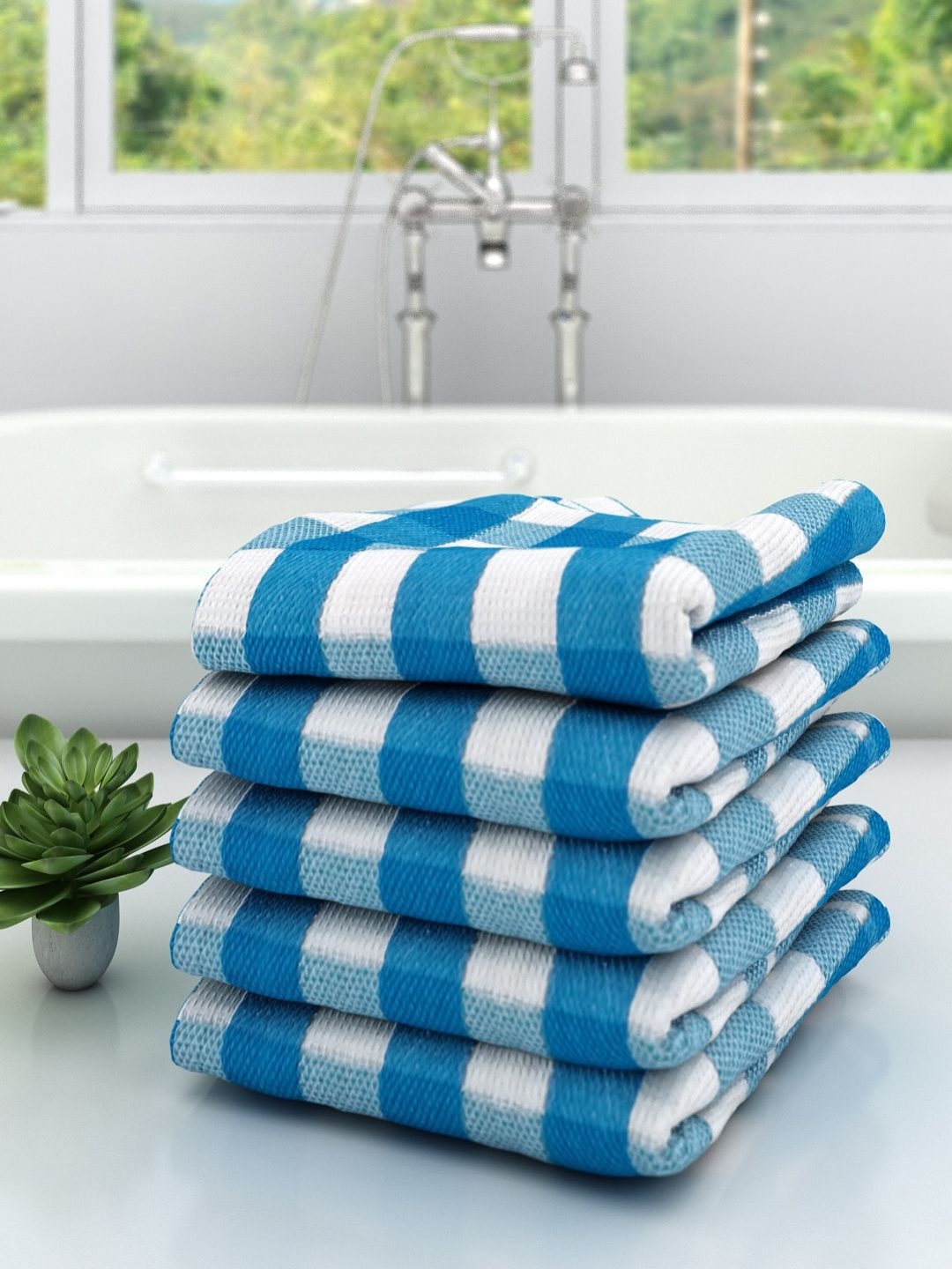 

Aura Blue & White 5 Pieces Striped Cotton 210 GSM Bath Towel