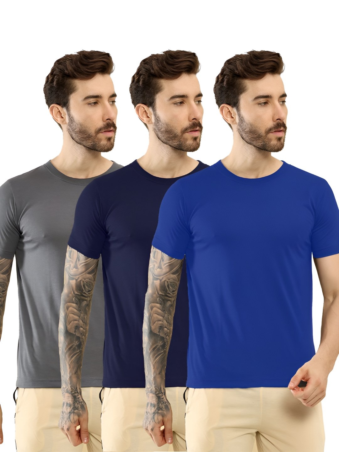 

T.T. Men Pack Of 3 Solid Round Neck Slim Fit T-shirts, Grey