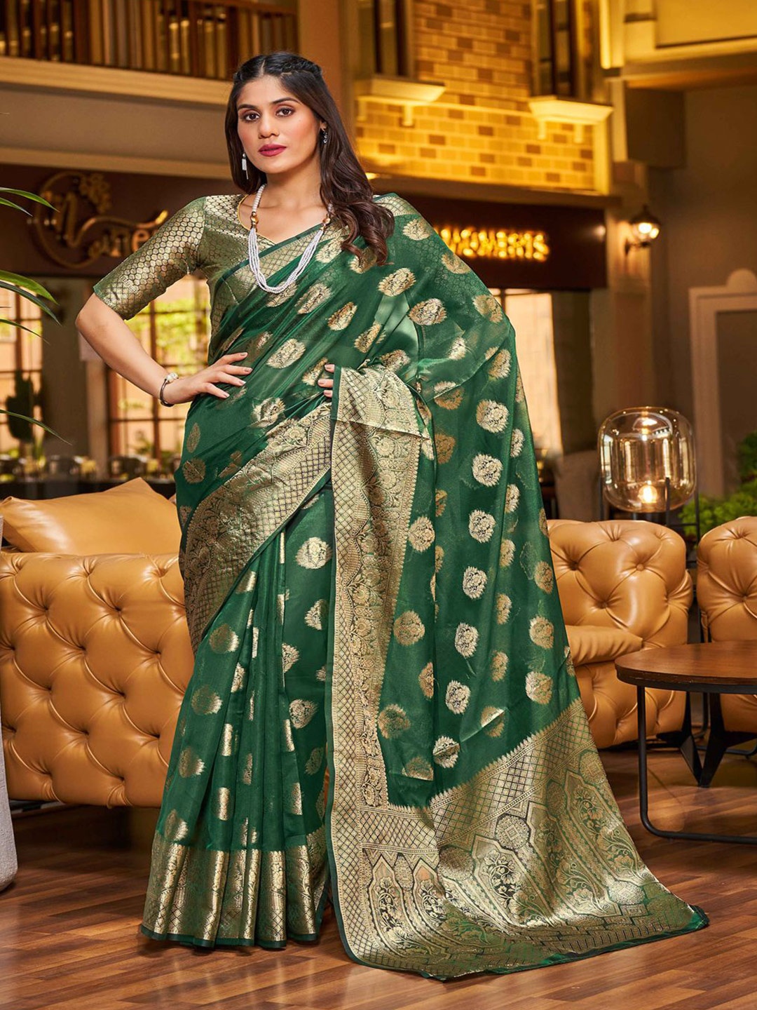 

Krimmple Woven Design Zari Organza Saree, Green