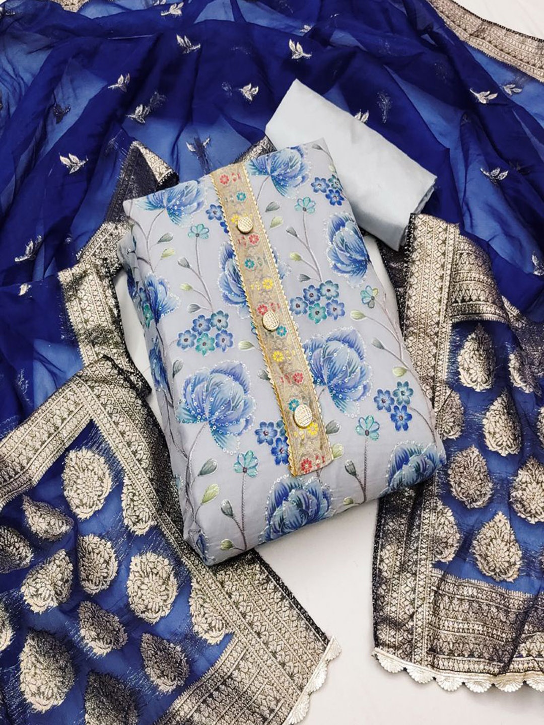 

ASISA Embroidered Organza Unstitched Dress Material, Blue